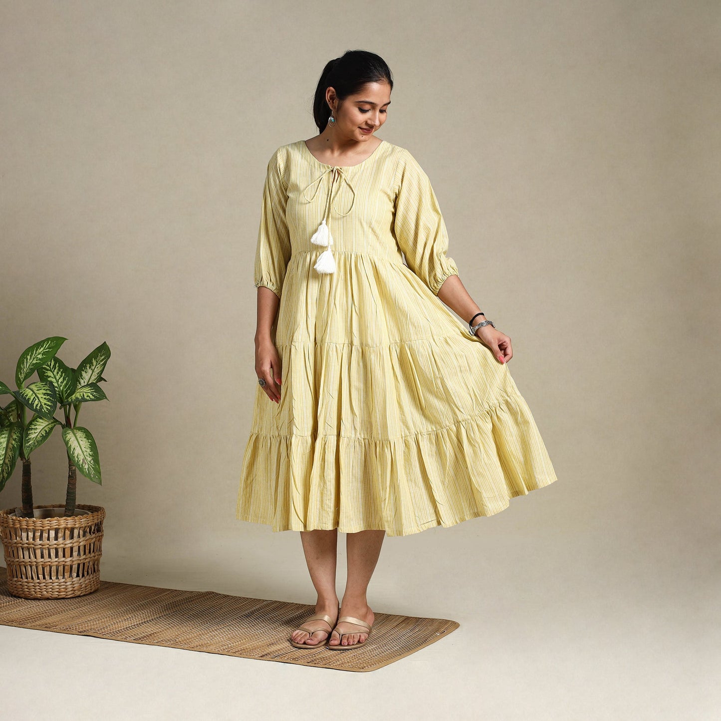Yellow Tiered Fit & Flare Cotton Green Jacquard Dress