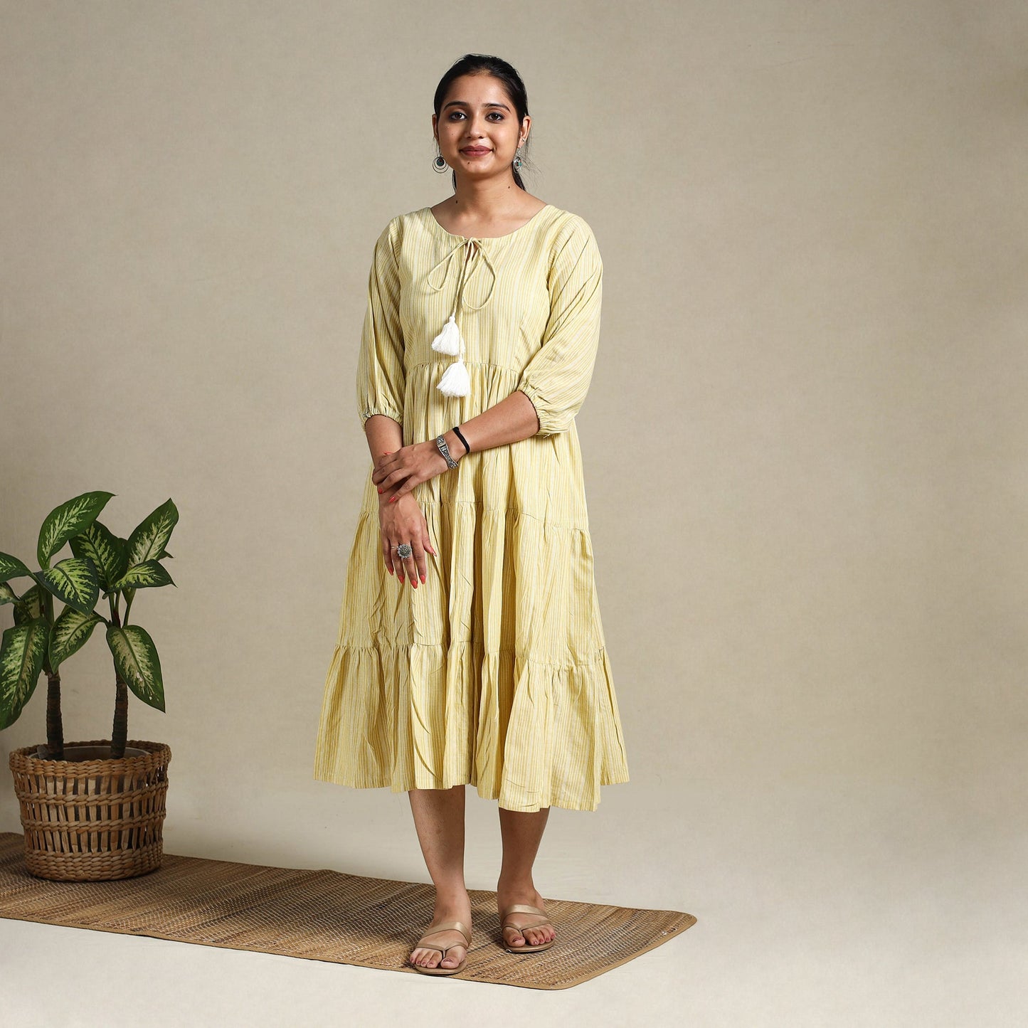 Yellow Tiered Fit & Flare Cotton Green Jacquard Dress