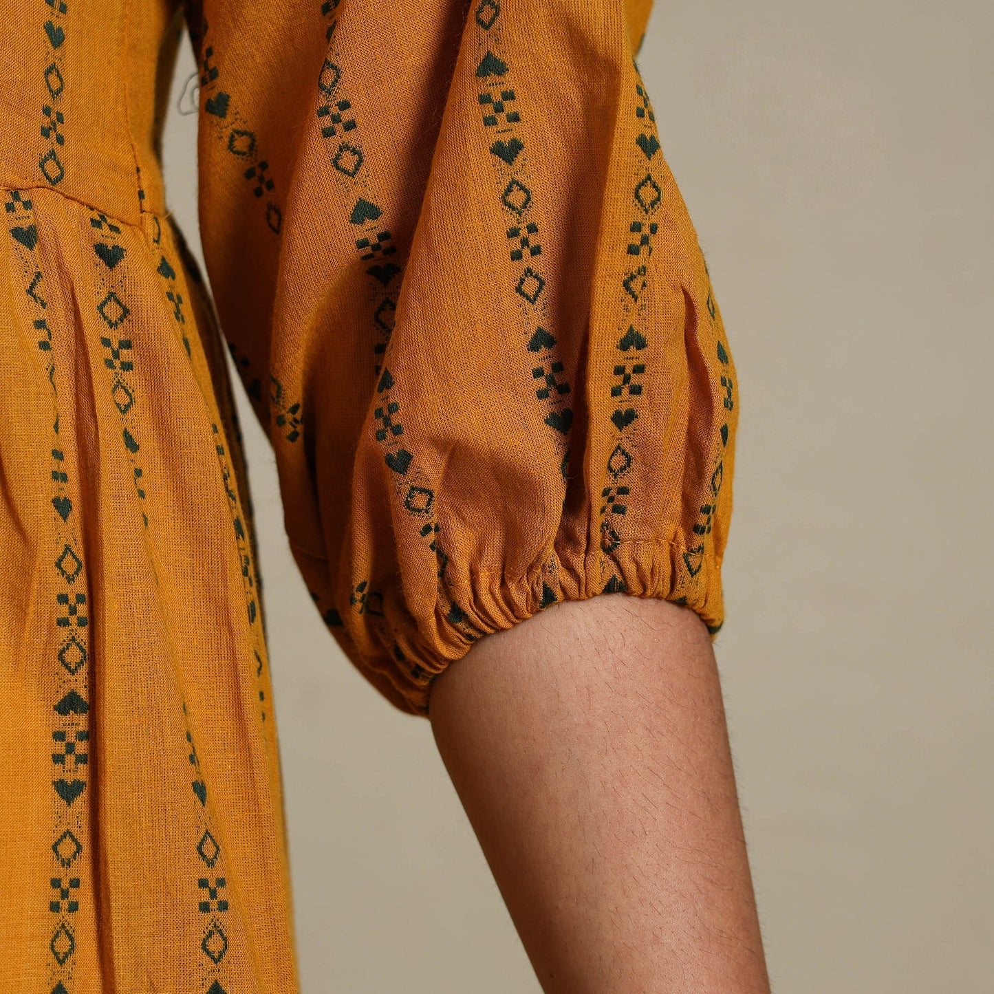 Yellow Tiered Fit & Flare Cotton Green Jacquard Dress