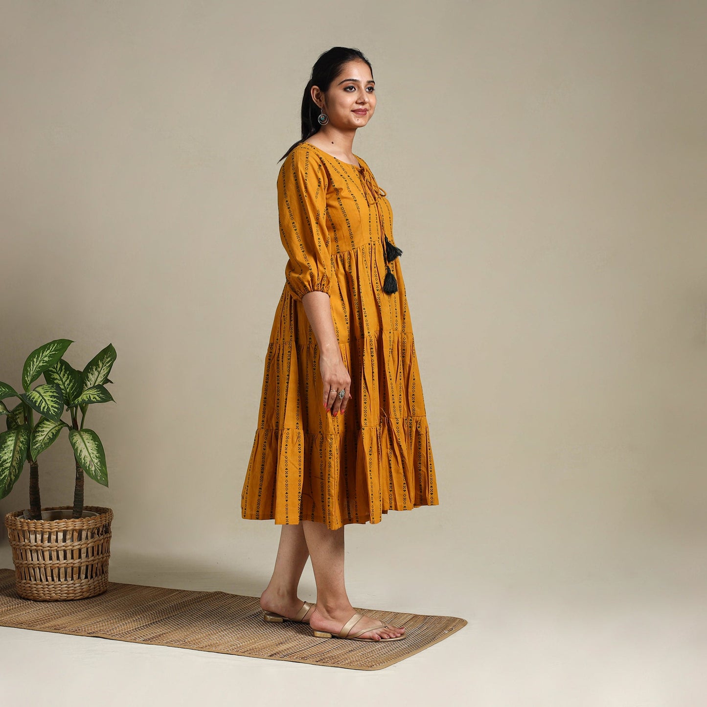 Yellow Tiered Fit & Flare Cotton Green Jacquard Dress