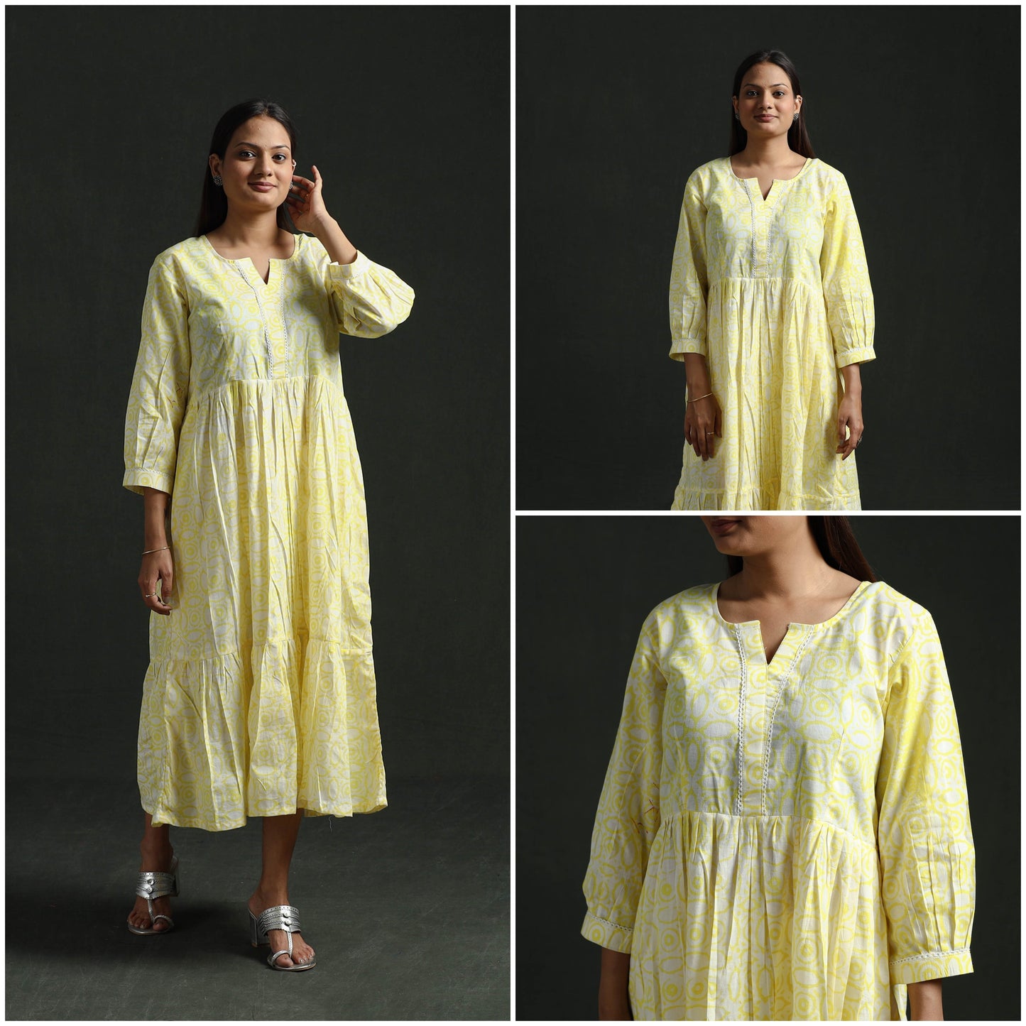 Tiered flared lace work cotton hand block batik print dress
