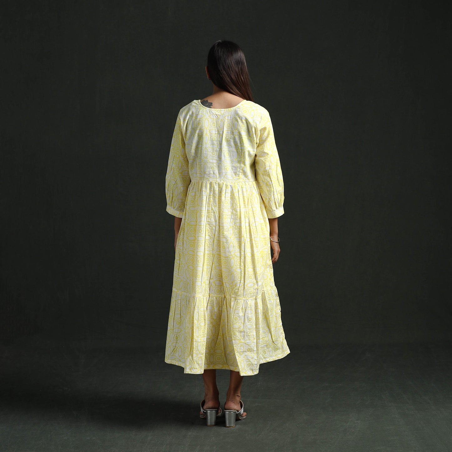 Tiered flared lace work cotton hand block batik print dress
