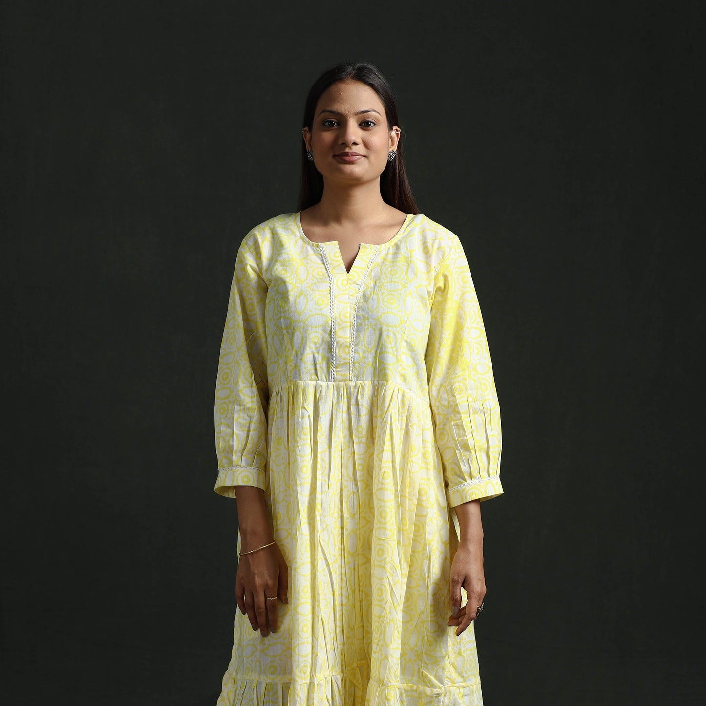 Tiered flared lace work cotton hand block batik print dress