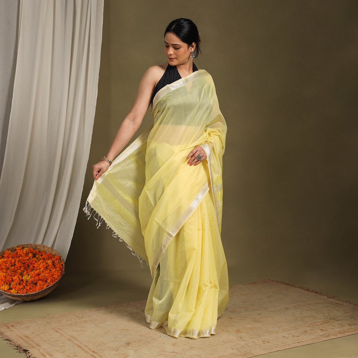 Yellow - traditional handloom zari work silk maheshwari