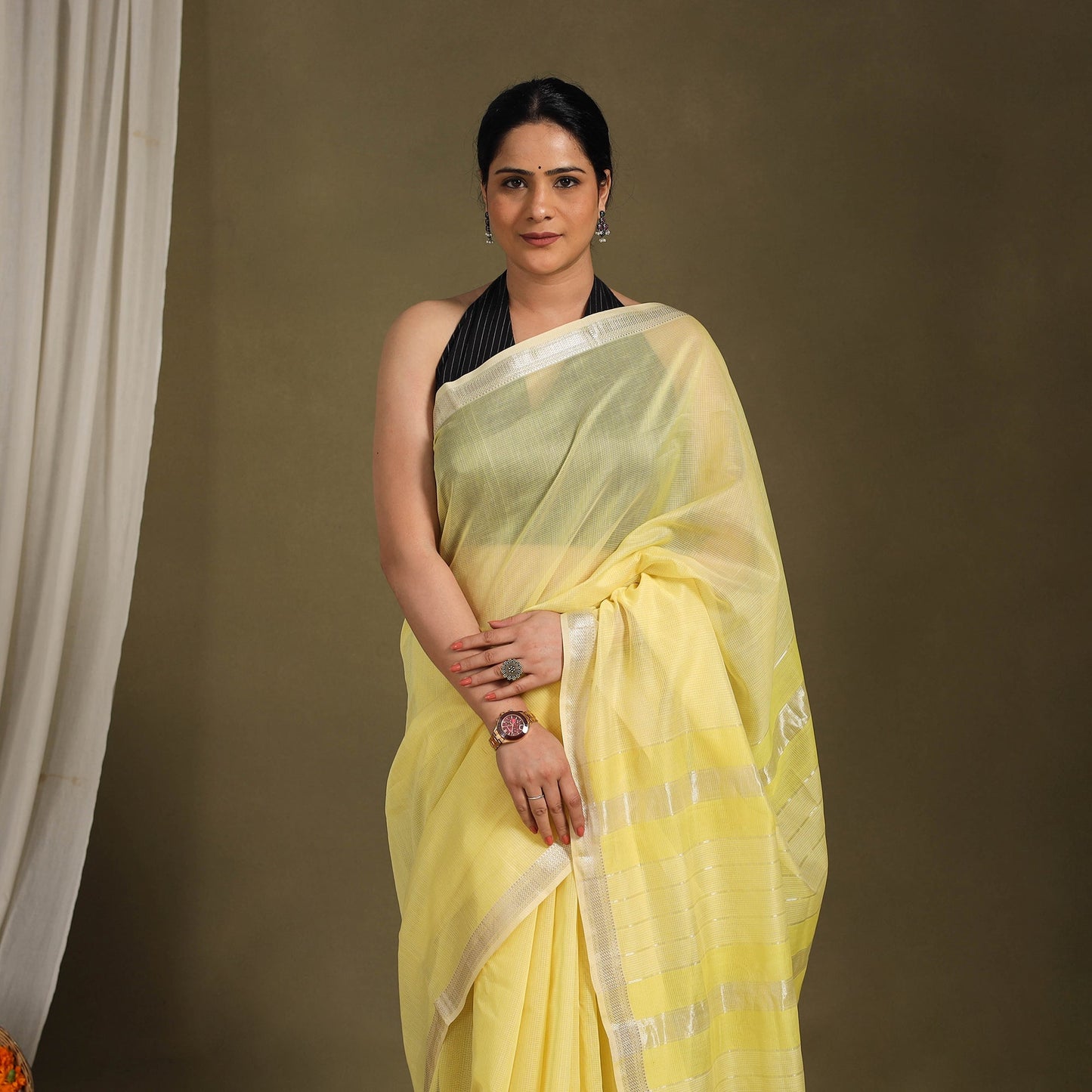 Yellow - traditional handloom zari work silk maheshwari