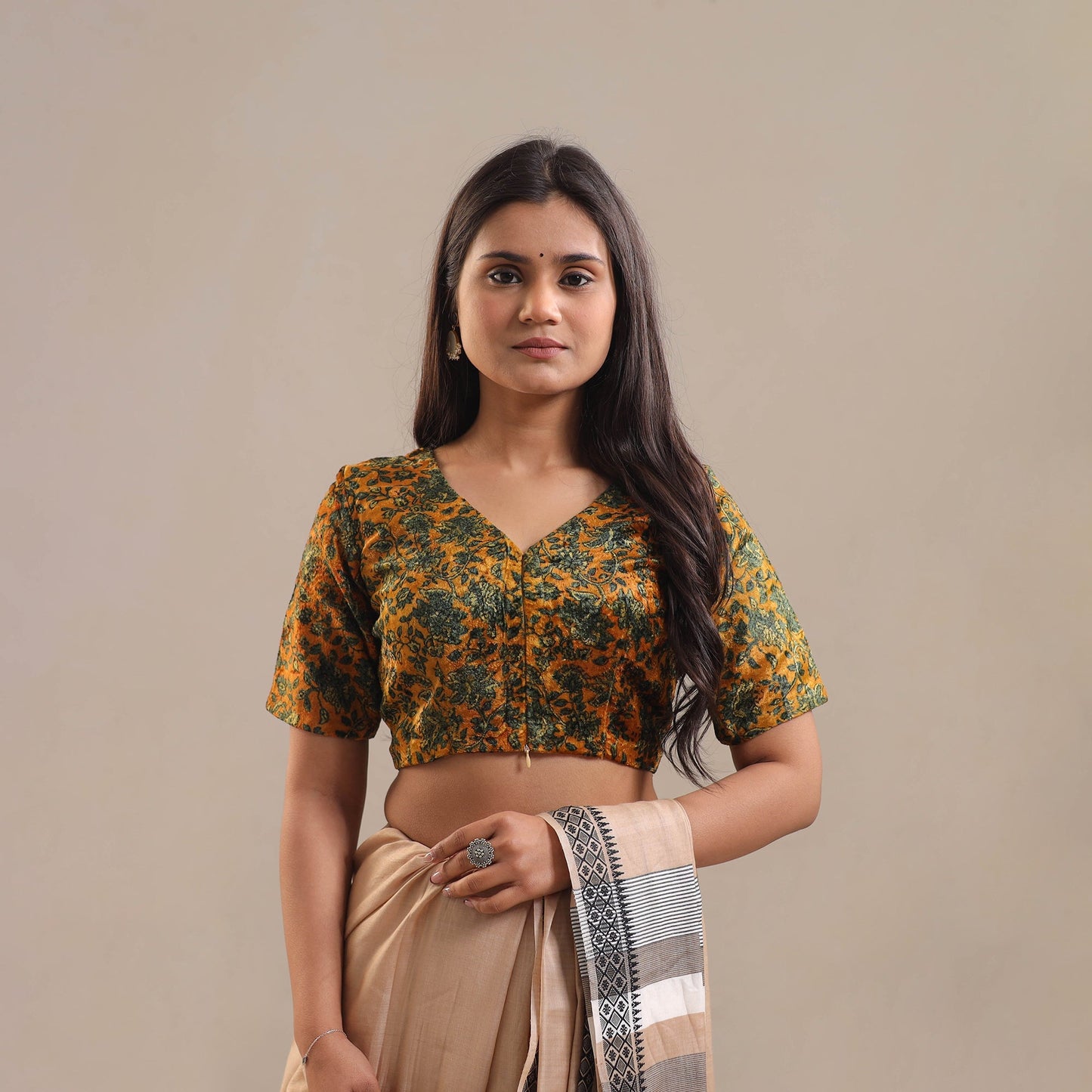 Velvet Natural Dyed Ajrakh Print Yellow Blouse Online
