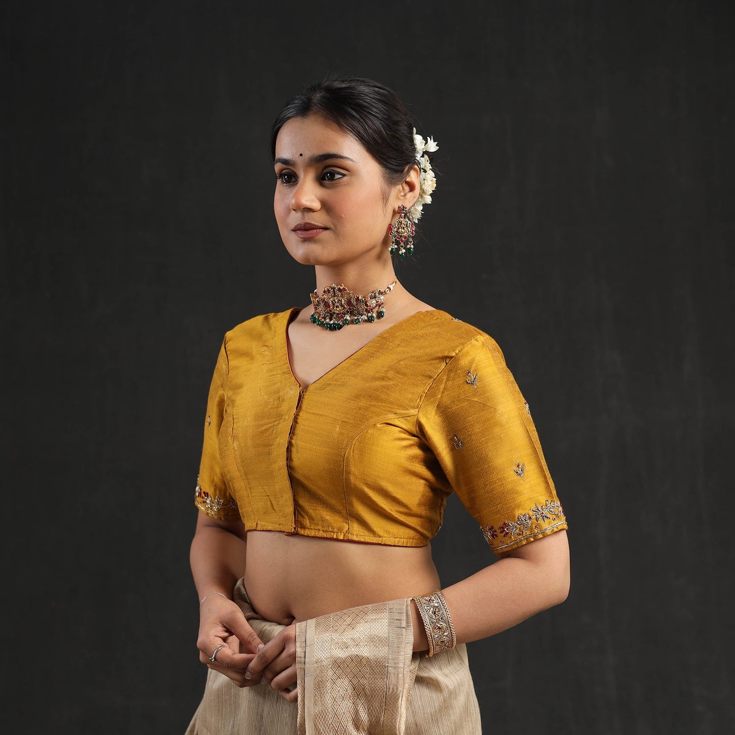 Buy Yellow Zardozi Hand Embroidery Slub Silk Plain Blouse