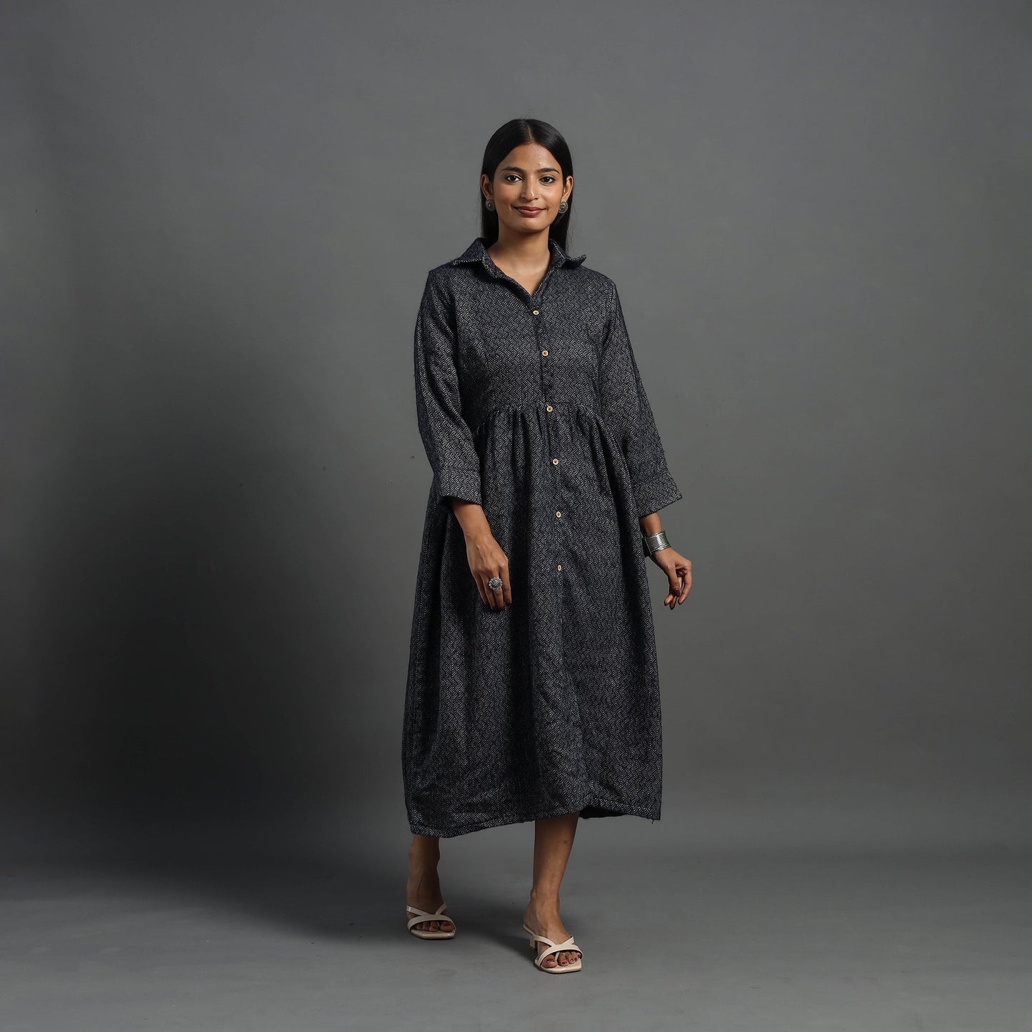 Buy Zahira Black Plain Button Down Woollen Dress Online