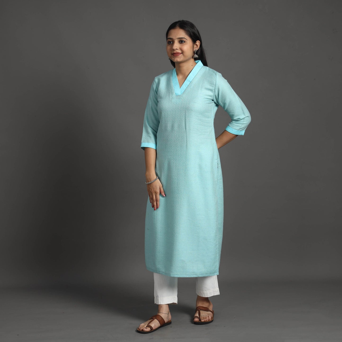 Zahira light blue merino woolen kurta - handcrafted