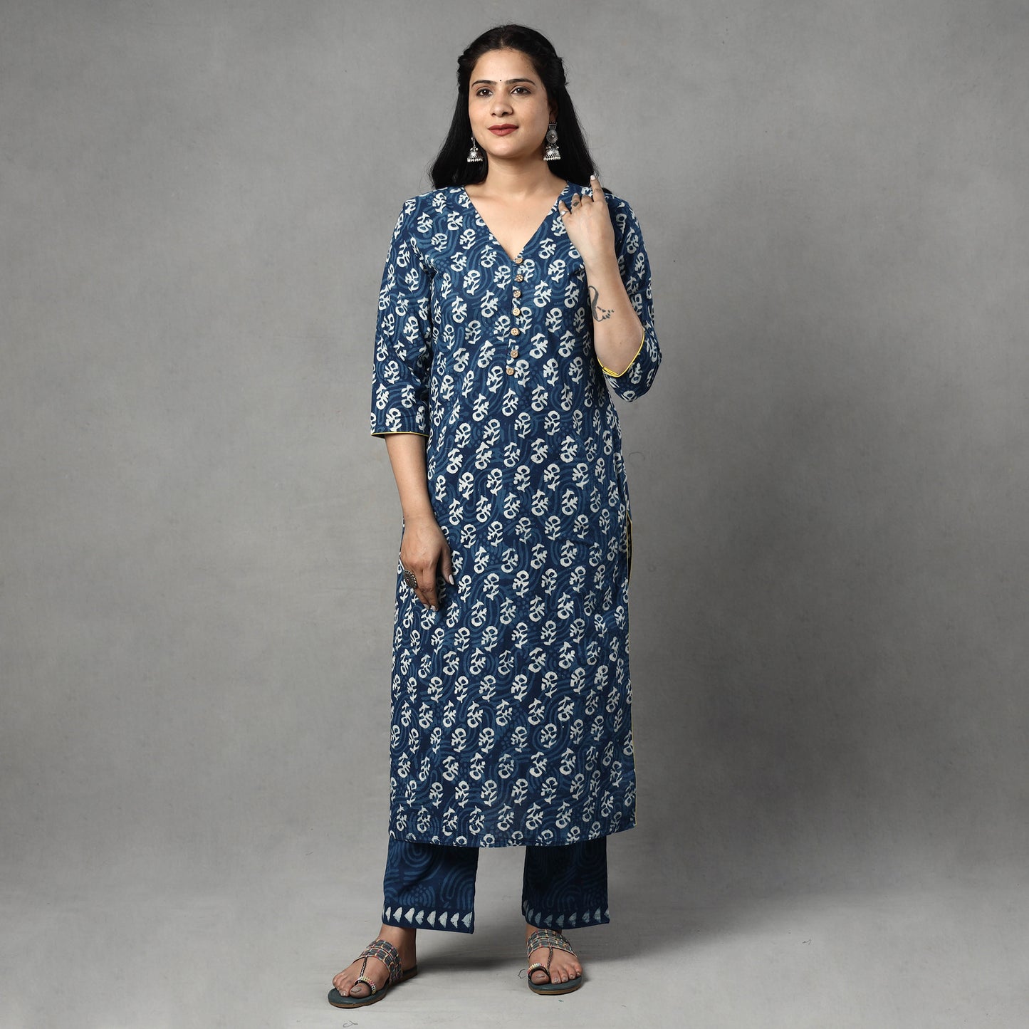Buy Indigo Block Printed Cotton Kurta with Palazzo & Dupatta Set Online at iTokri.com