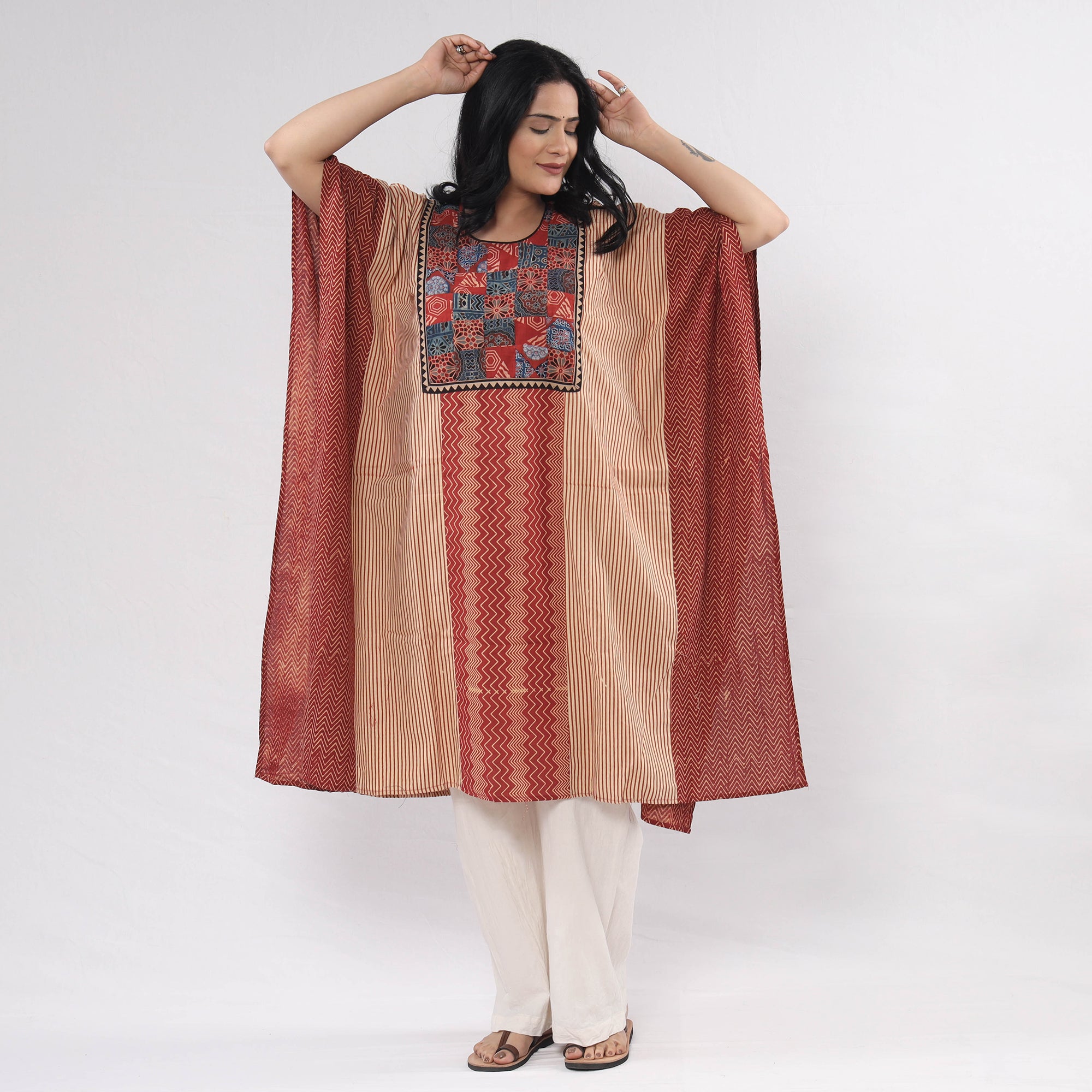 Multicolor - Ajrakh Block Print Patchwork Cotton Kaftan (Short) 43 main image 1