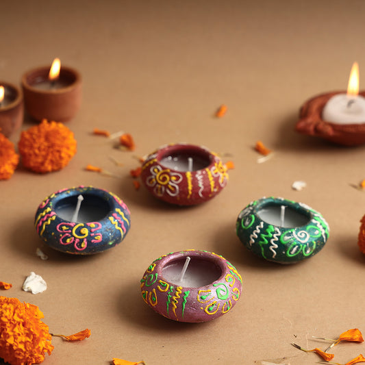 Festive Decor Handpainted Terracotta Wax Filled Matki Diyas (Set of 4)