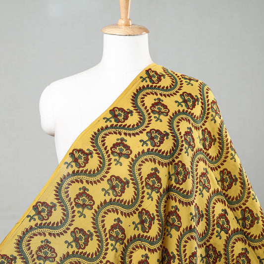 Yellow - Curvical Border Floral Butta Ajrakh Hand Block Printed Cotton Fabric