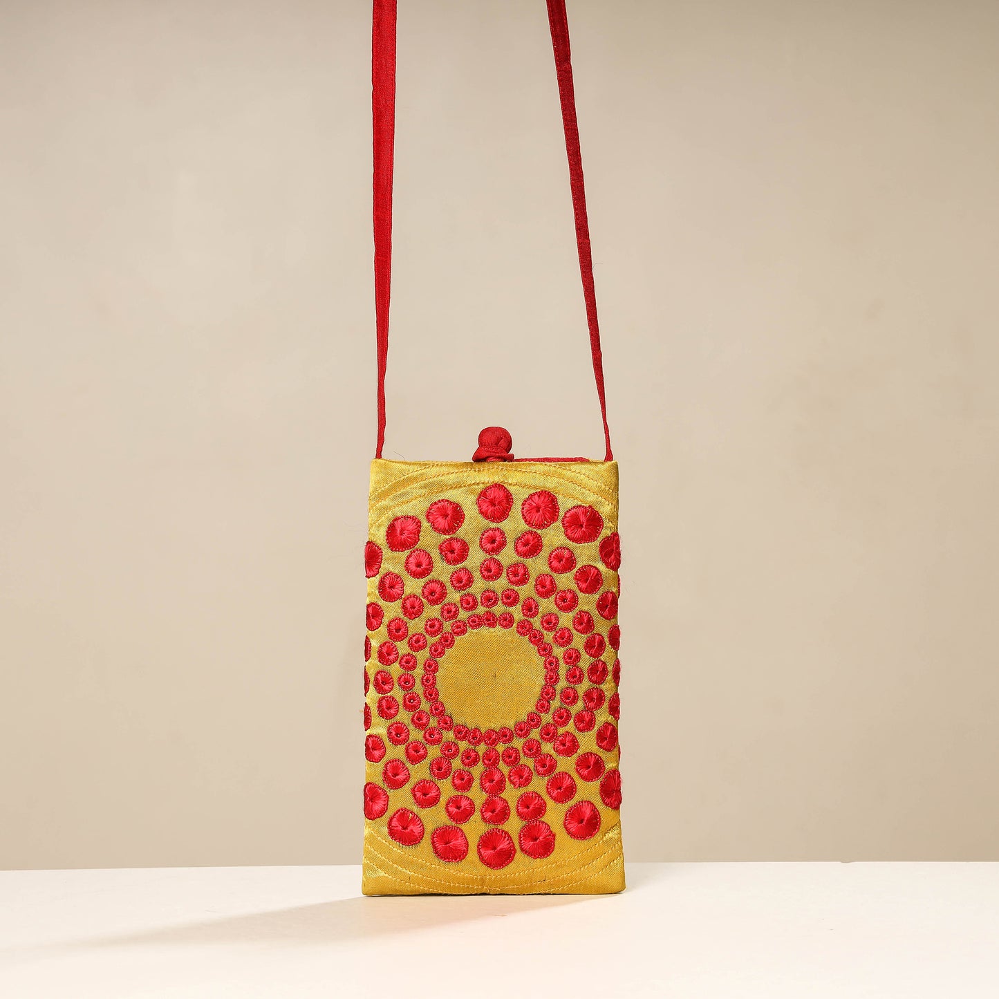 Yellow Kutch Tappo Embroidery Mashru Silk Mobile Sling Bag