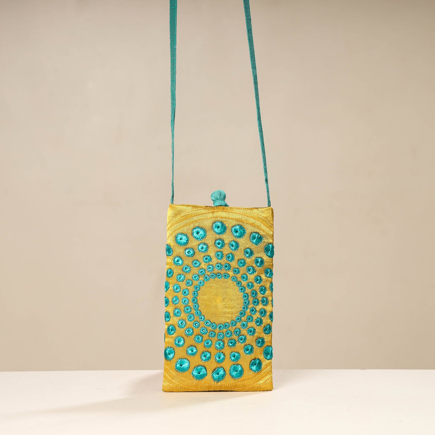 Yellow Kutch Tappo Embroidery Mashru Silk Mobile Sling Bag
