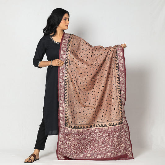 Brown - Bengal Kantha Tussar Silk Handloom Dupatta