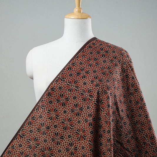 Brown - Red Patterned Florals Ajrakh Hand Block Printed Cotton Fabric