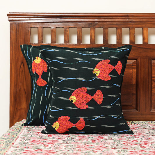 Black - Set of 2 - Chandi Mati Tagai Work Cotton Cushion Cover (16x16 inches)