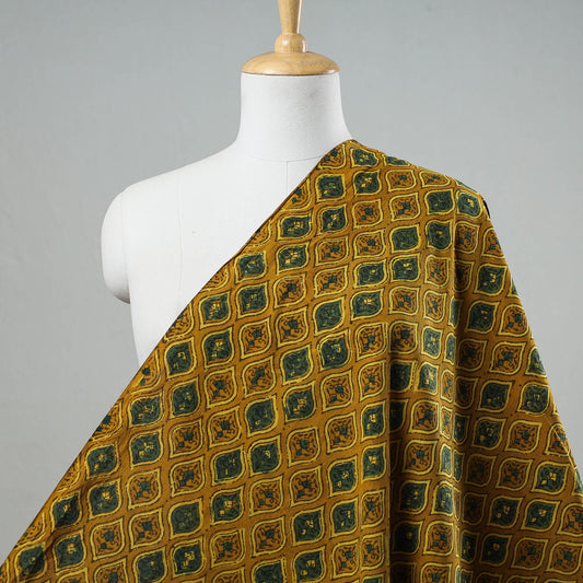 Yellow Ogee Pattern Ajrakh Hand Block Printed Cotton Fabric