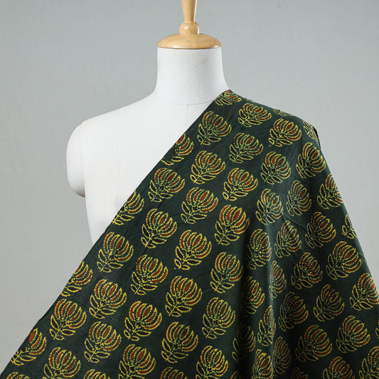 Big Green Lotus Butta Ajrakh Hand Block Printed Cotton Fabric