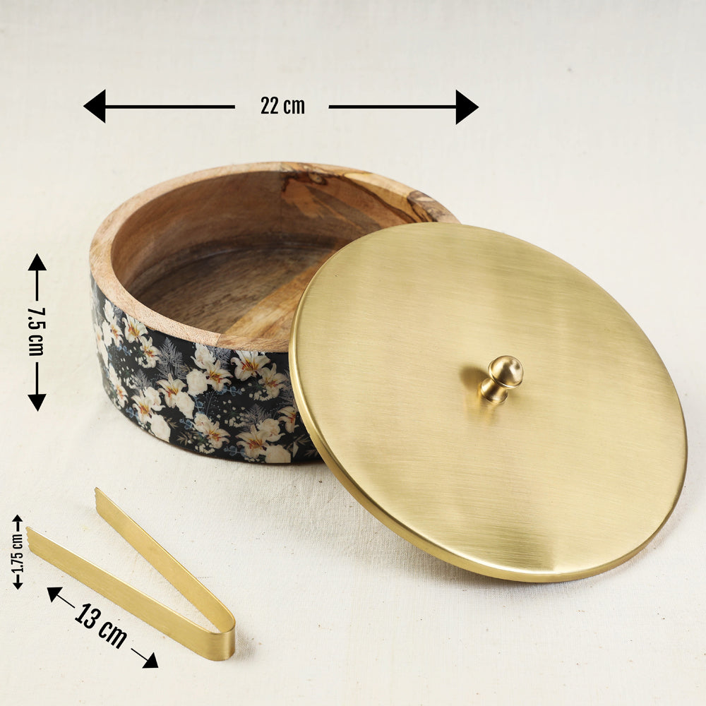 Special Handcrafted Brass Lid Wooden Roti Box with Tong