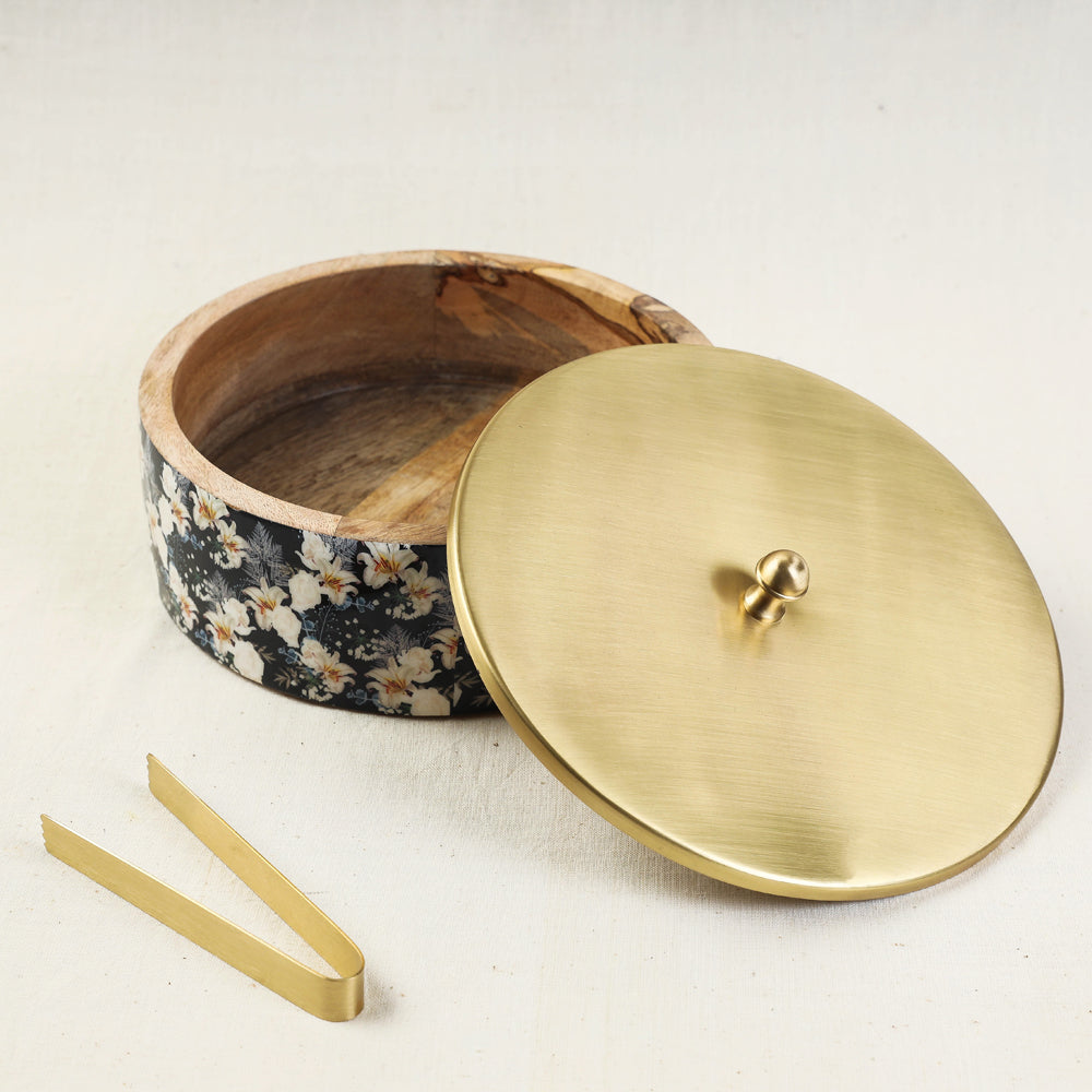 Special Handcrafted Brass Lid Wooden Roti Box with Tong