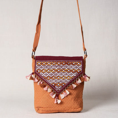Beige - Soof Stitch Embroidery Pure Handloom Mashru Silk Sling Flap Bag