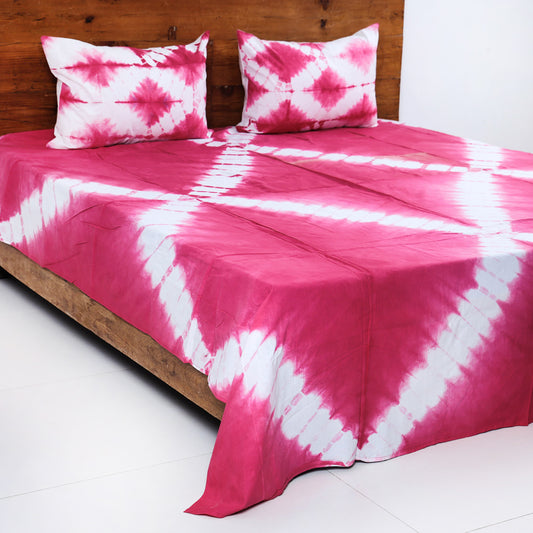 Pink - Shibori Tie-Dye Cotton Double Bed Cover with Pillow Covers (108 in x 90 in)