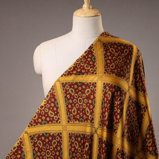 Yellow Lines & Floral Blocks Sufiyan Khatri Modal Silk Ajrakh Hand Block Printed Fabric