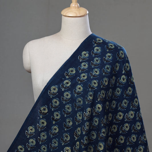Blue Florid Butta Ajrakh Hand Block Printed Natural Dyed Cotton Fabric