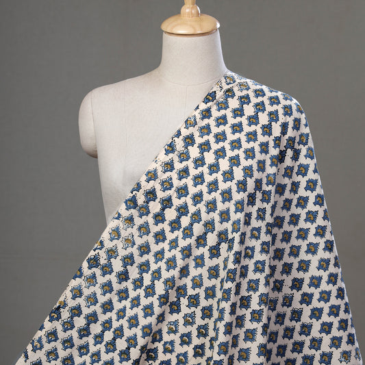 Blue Florets On White Ajrakh Hand Block Printed Natural Dyed Cotton Fabric