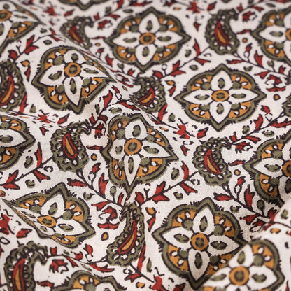White - Intricate Floral Pattern Sanganeri Block Printing Cotton Fabric