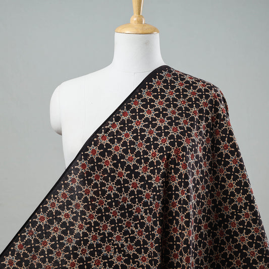 Black Complex Floral Pattern Ajrakh Hand Block Printed Cotton Fabric