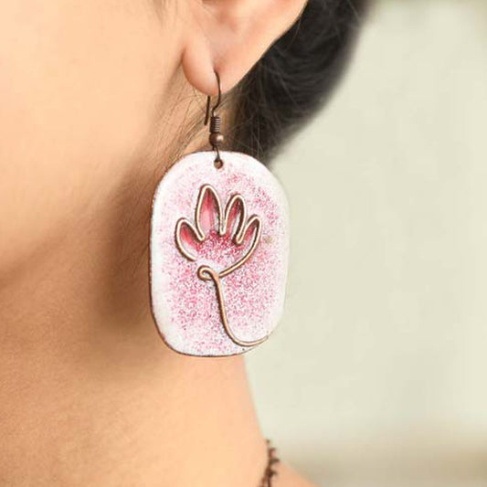 Pink Lotus Bloom Earrings in Copper Enamel