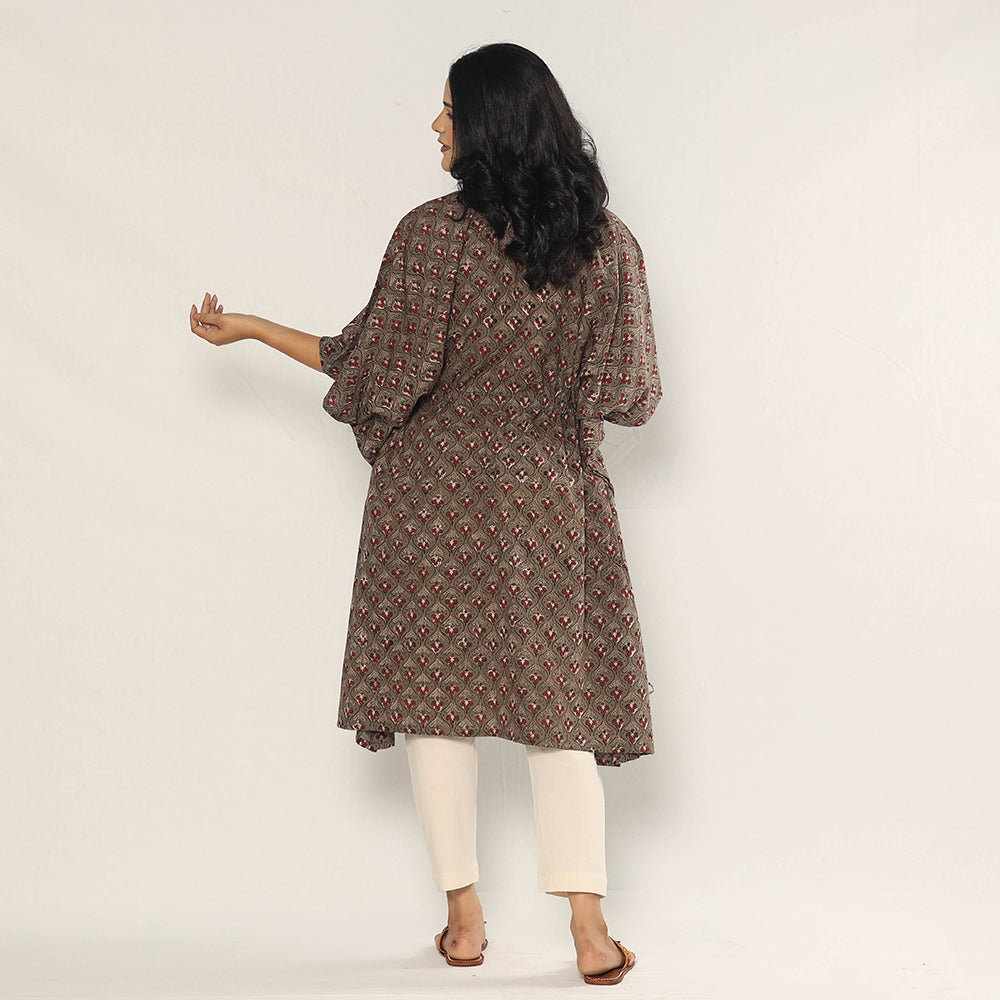 Brown - Bagru Dabu Hand Block Print Cotton Kaftan Dress (Medium)