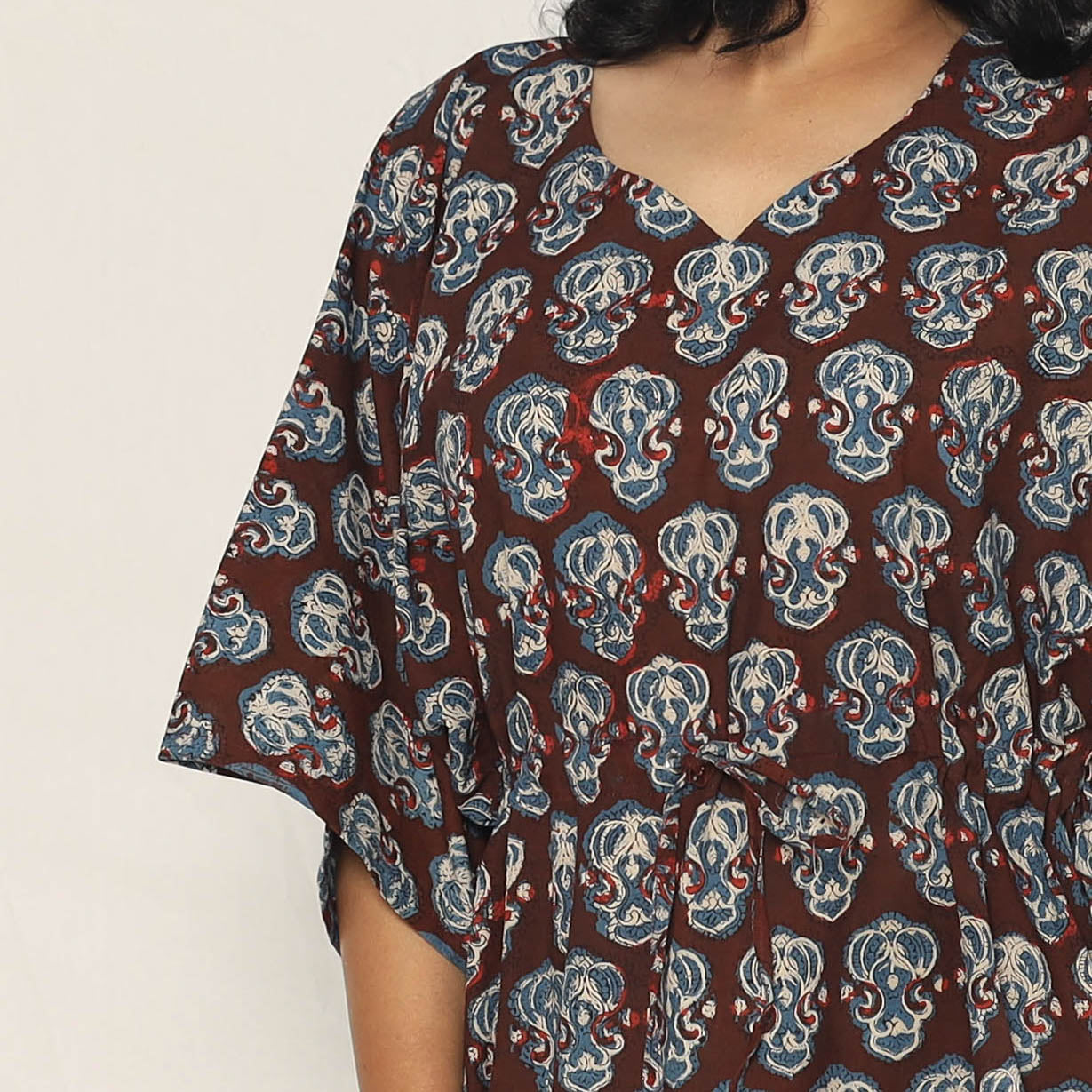 Maroon - Bagru Dabu Hand Block Print Cotton Kaftan Dress (Medium)