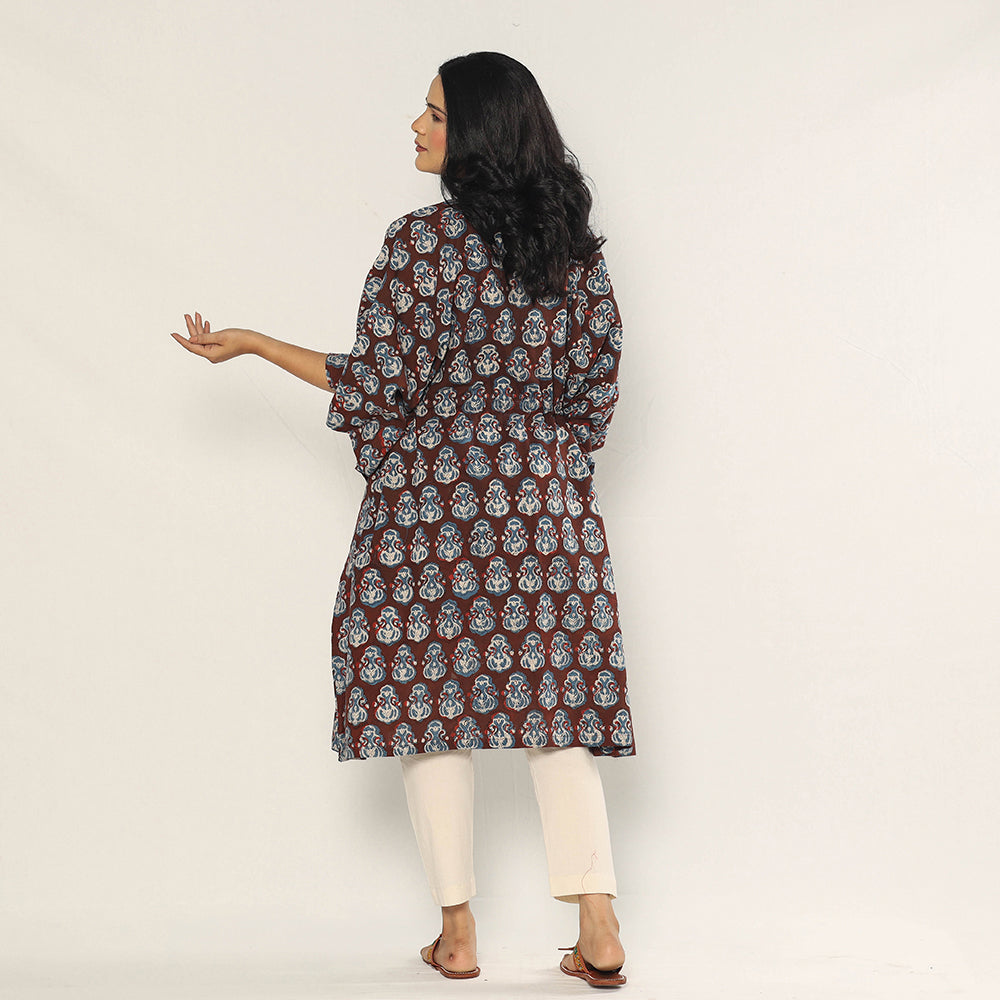 Maroon - Bagru Dabu Hand Block Print Cotton Kaftan Dress (Medium)