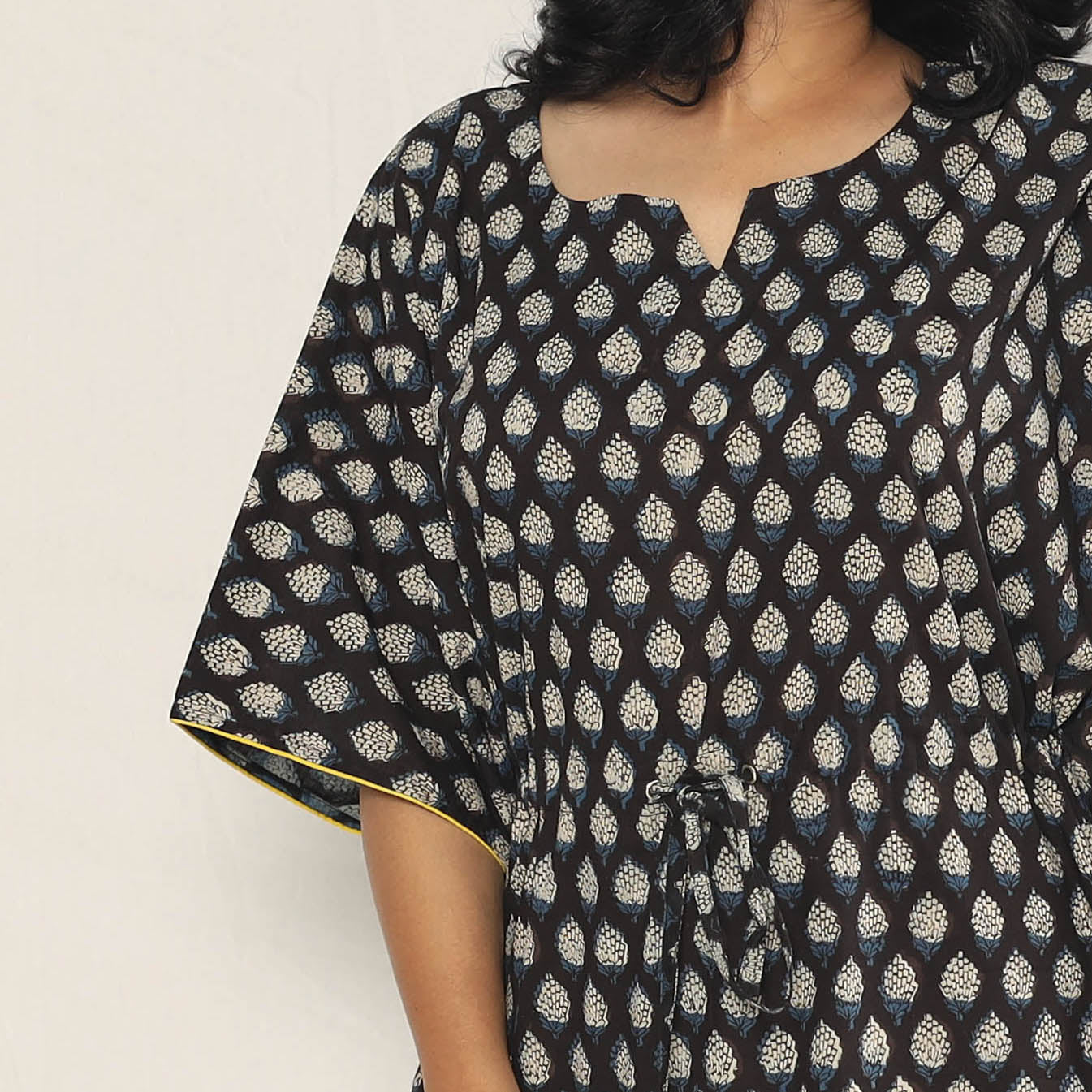 Black - Bagru Dabu Block Printing Cotton Kaftan Dress (Medium)