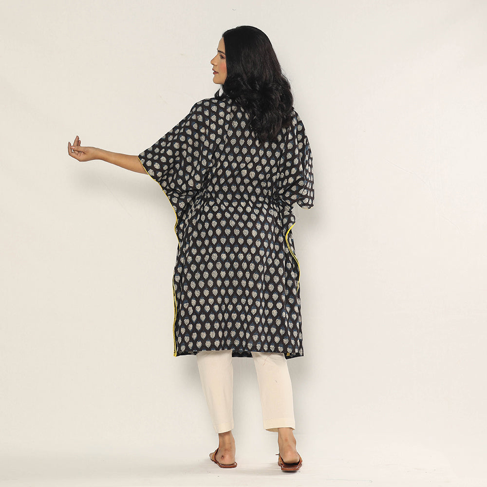 Black - Bagru Dabu Block Printing Cotton Kaftan Dress (Medium)