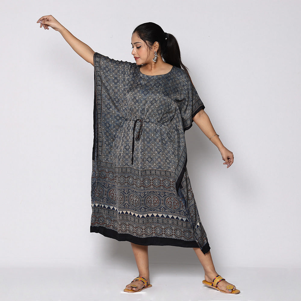 Black - Ajrakh Block Printing Modal Silk Kaftan with Tie-Up Waist (Medium)