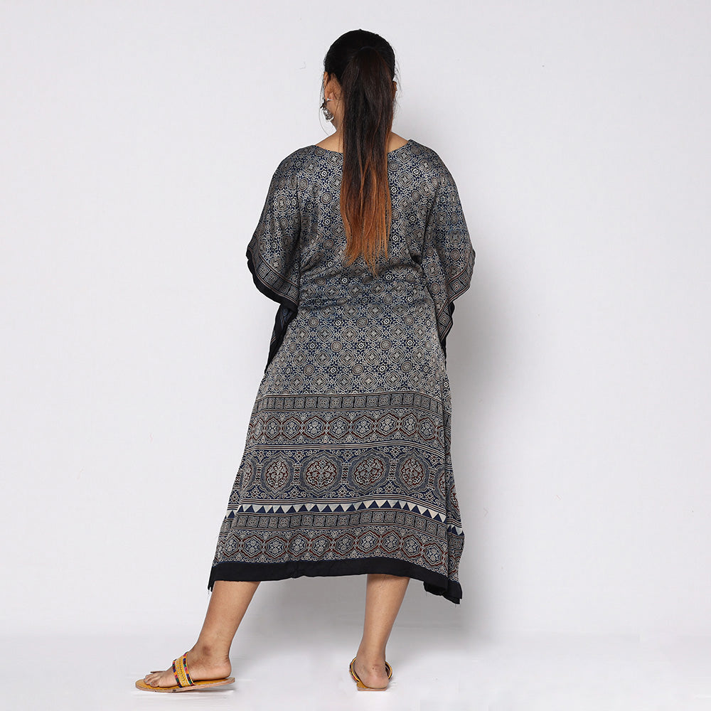 Black - Ajrakh Block Printing Modal Silk Kaftan with Tie-Up Waist (Medium)