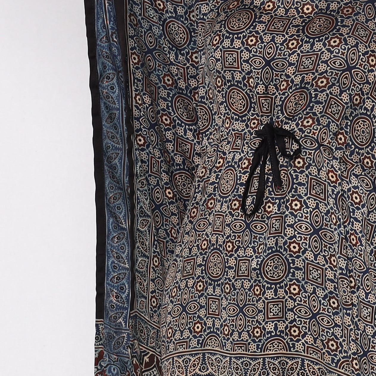 Blue - Ajrakh Block Printing Modal Silk Kaftan with Tie-Up Waist (Medium)