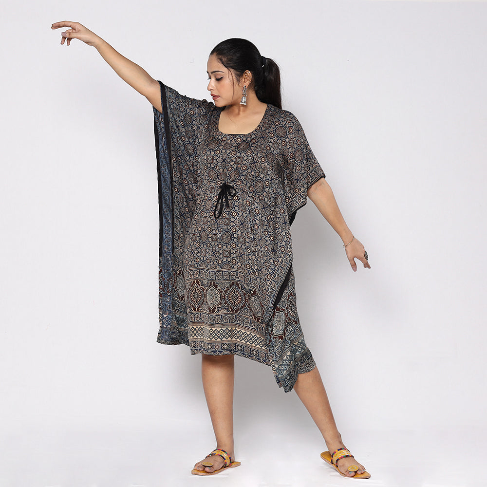 Blue - Ajrakh Block Printing Modal Silk Kaftan with Tie-Up Waist (Medium)