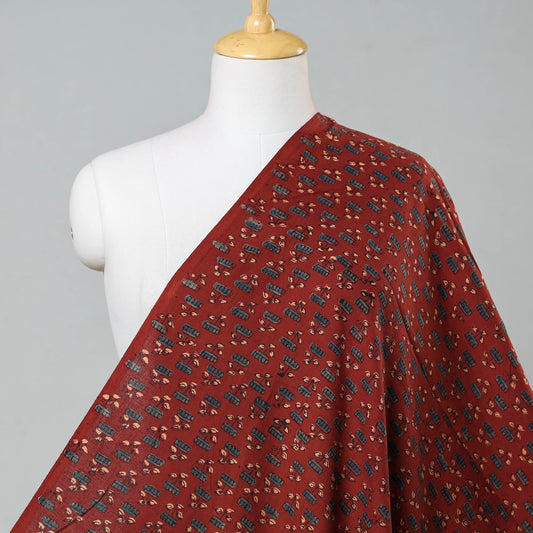 Cherry Red With Lotus Bootis Ajrakh Hand Block Printed Cotton Fabric