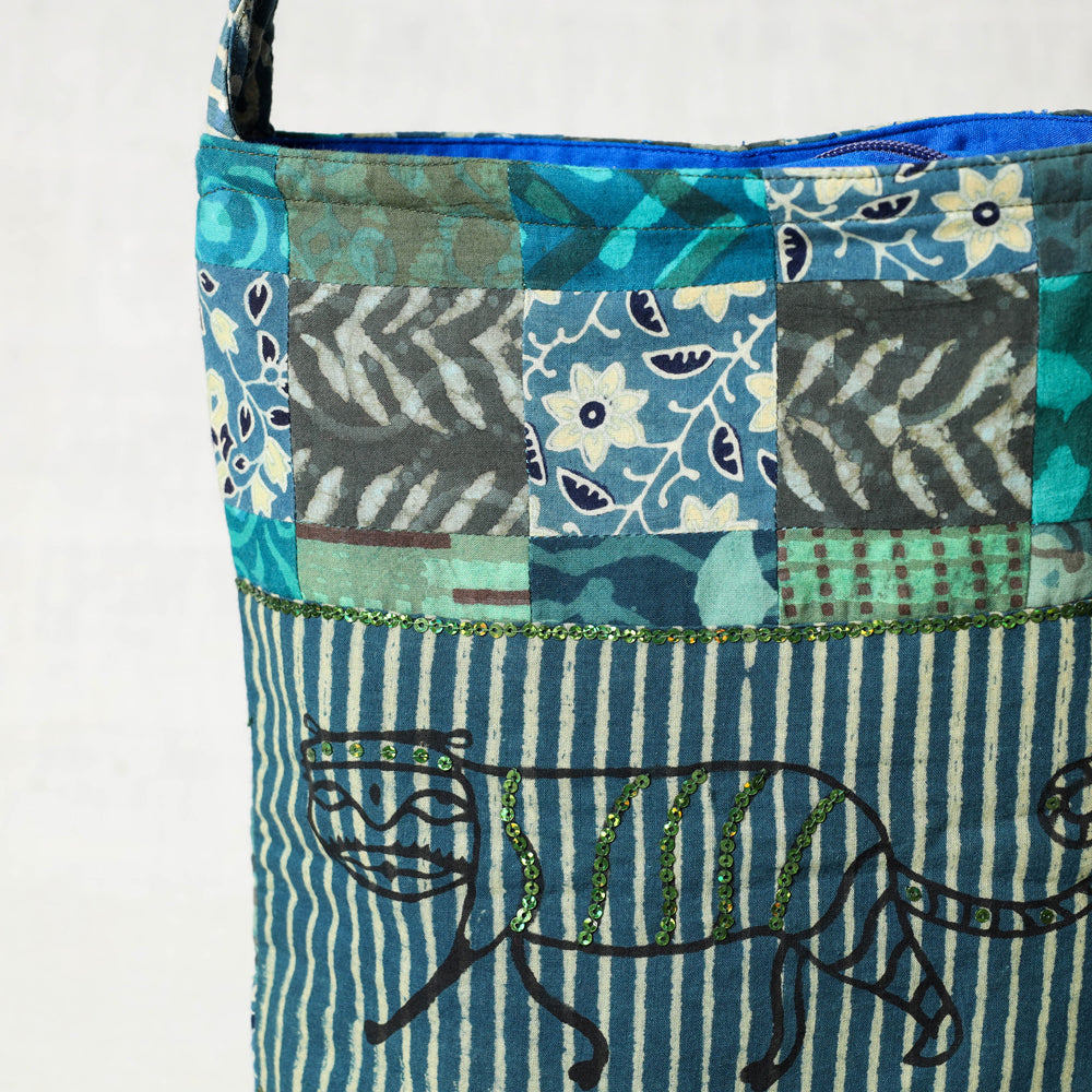 Blue Hand Block Print Patchwork Cotton Sling Bag