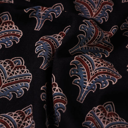 Black - Kite Shaped Leaves Ajrakh Hand Block Printed Natural Dyed Cotton Fabric