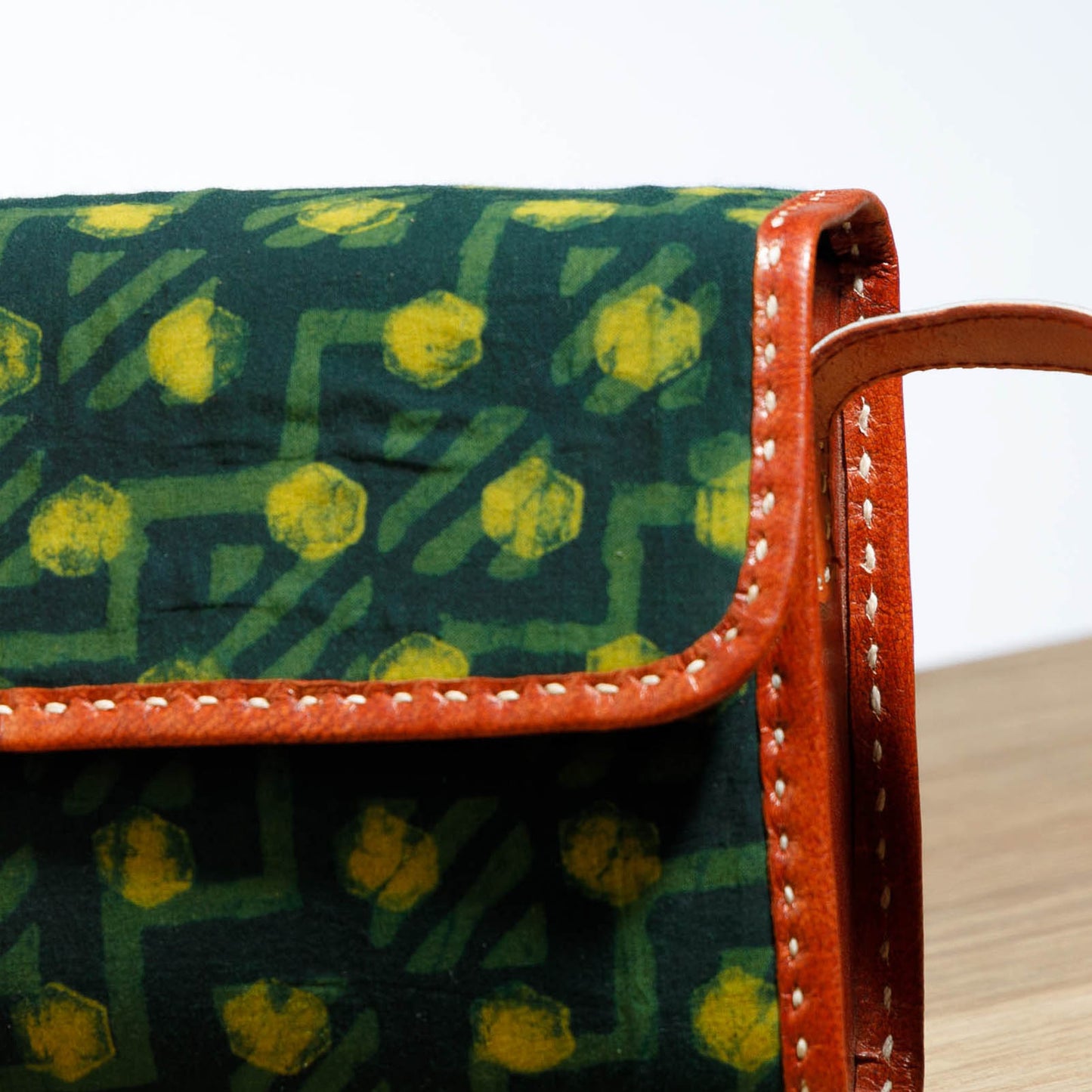 Green - Ajrakh Block Print Cotton & Leather Handcrafted Sling Bag