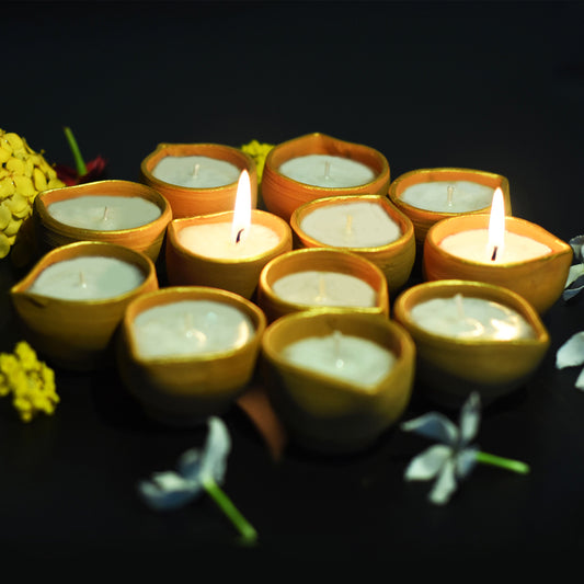 Handcrafted Terracotta Wax Filled Diya Candles (Set Of 12)