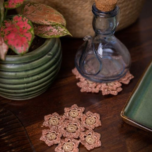 Samoolam Handmade Crochet Ziba Floral Coasters (Rust Beige ~ Set of 6)