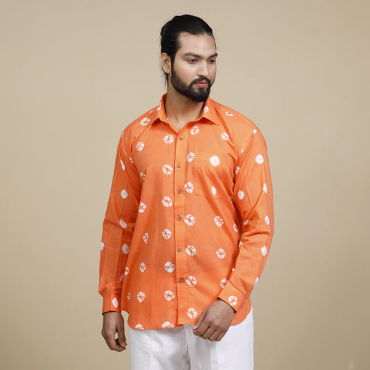 Orange - Dark Peach - Shibori Tie-Dye Cotton Men Full Sleeve Shirt